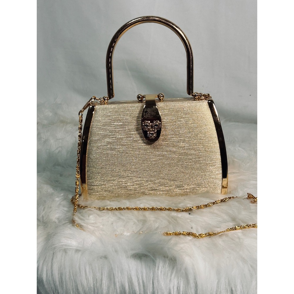 Gold‎ Evening Clutch Bag Metallic Shimmer Formal Handbag with Crystal Clasp